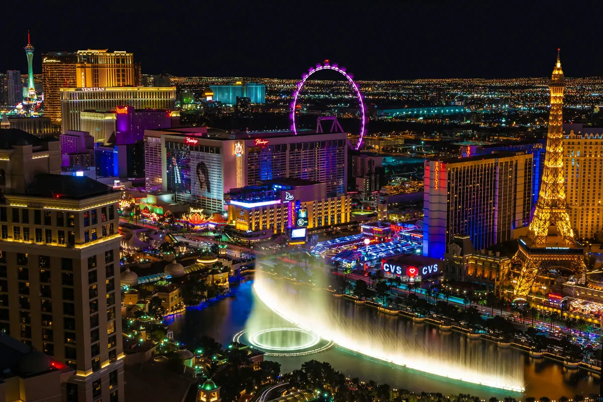 The Las Vegas Strip lit up at night from above